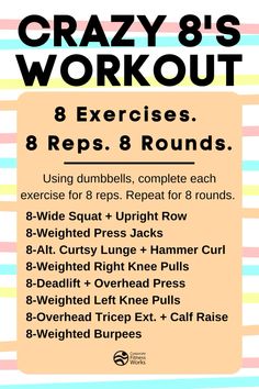 a poster with the words crazy 8's workout exercises, 8 reps and rounds