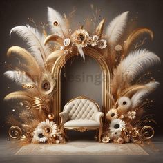 an ornate gold frame with white flowers and feathers on the floor next to a chair