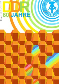 a poster with an abstract design in blue, yellow and orange colors that reads dor 60 jahre