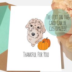 a card that says, the text on this card can be customized with a dog and pumpkin