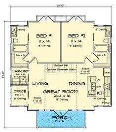 the floor plan for a small house with two bedroom and living areas on each side