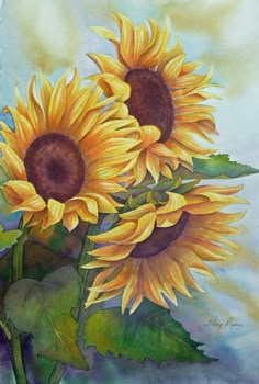 two sunflowers are shown in this painting