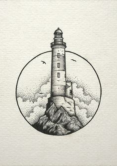 a black and white drawing of a lighthouse in the middle of mountains with birds flying around it