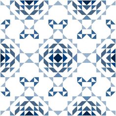 an abstract blue and white pattern with squares, triangles and rectangles on a white background