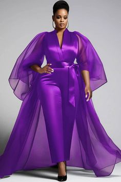 Xpluswear Design Plus Size Formal Tulle Black V Neck Puff Sleeve 3/4 Sleeve See Through Peplum Satin Jumpsuits - Xpluswear Purple Long Sleeve Jumpsuit For Night Out, Bubu Dresses, Purple Bodycon, Wedding Hairstyles Indian, Purple Bodycon Dresses, Jump Suits, Hairstyles Indian, African Prom Dresses, Church Outfit