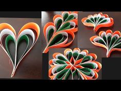 four pictures of different shapes and sizes of paper flowers with green, white, and orange colors