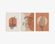 three paintings with cactus designs on them in different colors and sizes, one is orange the other is pink