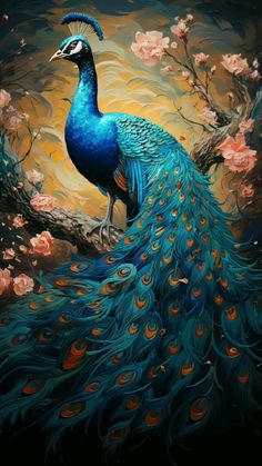 a painting of a peacock sitting on a tree branch