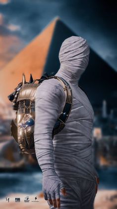 a man in a white space suit standing next to an egyptian pyramid and looking at the sky