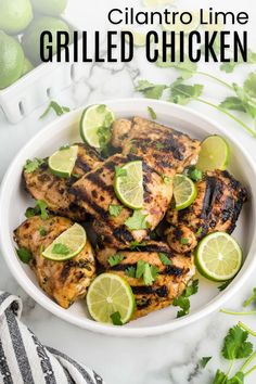 grilled chicken with cilantro lime garnish in a white bowl