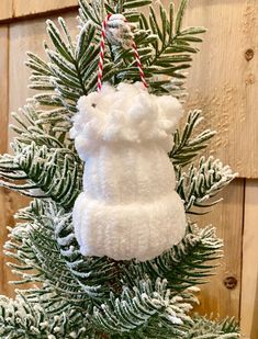 an ornament hanging from the top of a pine tree with snow on it