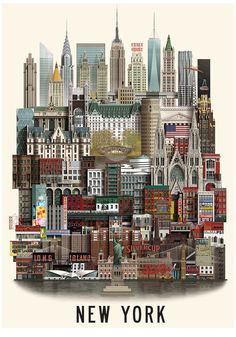 the new york cityscape is shown in this art print, which features skyscrapers and