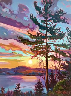 a painting of trees and water at sunset