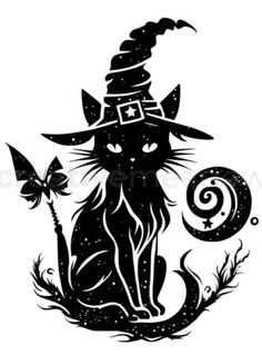 a black cat wearing a witches hat