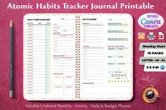 the printable daily planner is shown on top of a pink background with a pencil