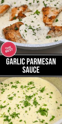 Garlic Parmesan Sauce goes great with anything and takes just a few minutes to make. Enjoy this buttery, creamy sauce on everything from chicken, to pasta, to seafood. Gluten Free Sauces For Chicken, Creamy Garlic Sauce For Seafood, Chicken Parm Sauce, Garlic Parmesan Alfredo Sauce, Parmesan Cheese Pasta, Simple Sauce Recipes, Garlic Parmesan Sauce For Chicken, Creamy Garlic Sauce For Chicken, Easy Creamy Garlic Sauce