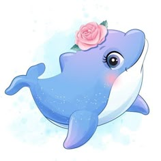 a blue whale with a rose on its head and watercolor splashes around it