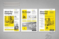 three yellow brochures with the words about our company on them and an image of a