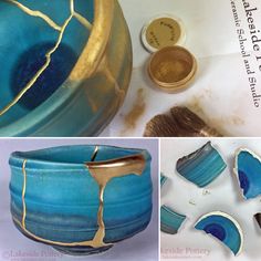 blue and gold pottery is being displayed in three different pictures, including the bottom one with paint chippings on it