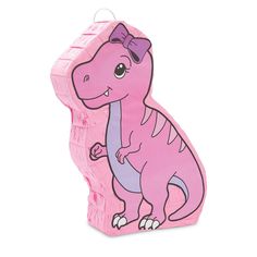 a pink dinosaur shaped ornament with a bow on it's head