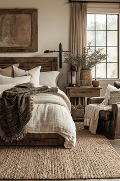 a bed sitting in a bedroom next to two chairs and a table on top of a rug