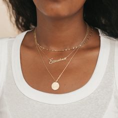 ✨BLACK FLASH SALE ENDS SOON: -50% OFF FOR EVERYTHING 🛍️ ADD 2 ITEMS TO CART TO GET AN ADDITIONAL 60% OFF! CODE: GIFT60 AT CHECKOUT!  Necklaces are the ultimate accessory, but choosing the right ones can be tricky. That's why we designed this personalized set of three perfectly layered necklaces. Pick the name necklace that speaks to you, and pair it with our hammered disc necklace and gold choker for a stunning layered look. A B O U T ∙ I T E M  * Material: High Quality Solid 925 Sterling Silve Layered Name Necklaces Gold, Name Necklace Layering, Name Necklace Layered, Necklaces Dainty, Curated Ear, Necklace Combo, Necklace Stack, Gold Name Necklace, Gold Choker