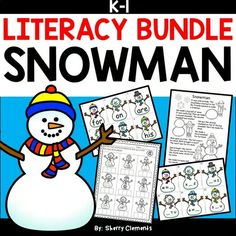 a snowman themed activity pack for k - 1 with the words,'library bundle '