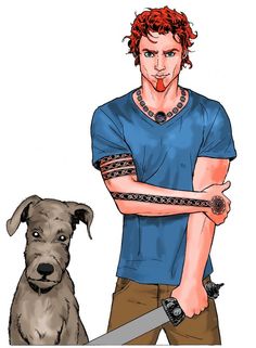 a drawing of a man holding a knife next to a dog with his arm wrapped around him