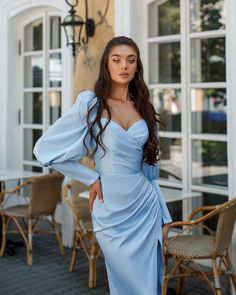 Fabric: Satin Cotton 50%, Polyester 50% Sweetheart neckline Puffed sleeves Long sleeves Thigh slit Dress length: 135 cm/ 53,14 in Sleeve length: 70 cm/ 27,55 in Colors: White, Sky-Blue, Dusty Pink, Grey Sky Blue Dress Formal, Dusty Blue Dress Outfit, Dusty Blue Dress Formal, Pastel Formal Dresses, Sky Blue Dress Outfit, Grey And Blue Outfit, Sky Blue Long Dress, Bff List, Pastel Blue Prom Dress