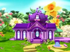 a purple house sitting in the middle of a lush green field with flowers on it