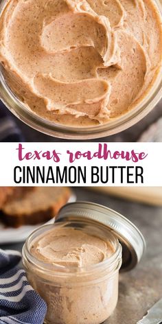 a jar filled with cinnamon butter sitting on top of a table