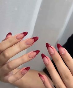 Red Nail Designs Prom Short, Asian Acrylic Nails Red, Korean Red Nails Design, Red Nail Tips Almond, Nails For Red Prom Dress, Red Nails Inspo 2024, Red Cute Nails Korean, Doll Eye Makeup, Korean Nails