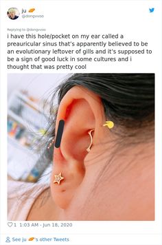 an ear piercing is shown with the words i have this / rockett on my ear called