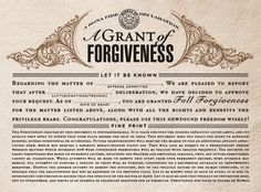 an old paper with the words grant of forgingness on it