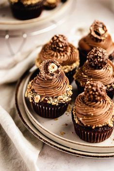 several chocolate cupcakes on a plate with nuts and sprinkled frosting