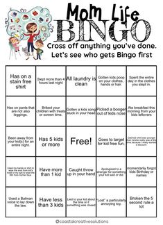 a printable game for kids to play with the words mom life bingo on it