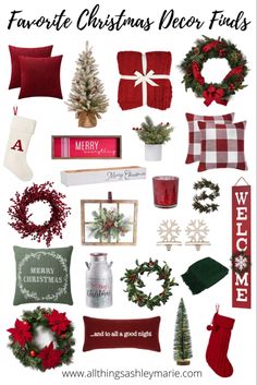 christmas decor is shown with red and green decorations, stockings, wreaths, pillows, candles