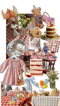 a collage of photos with teddy bears, cakes and other items on it's table