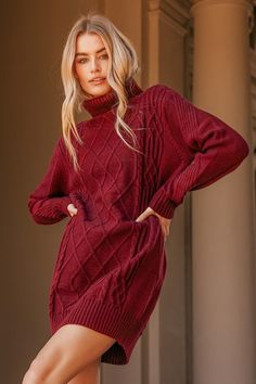 Burgundy Knit Sweater, Cable Knit Turtleneck, Cable Knit Dress, Fall Family Photo Outfits, Long Sleeve Skater Dress, Sweater Dress Outfit, Cable Knit Sweater Dress, Chic Sweater, Cable Knit Turtleneck Sweater