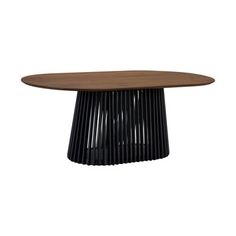 an oval wooden table with black metal legs and a circular top, on a white background