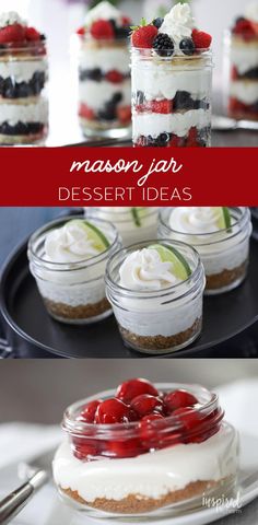 mason jar desserts with fresh berries and whipped cream on top are perfect for summer entertaining