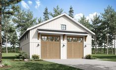 a two car garage with three windows on the front and one door open to let in light