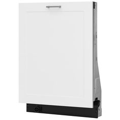 a white dishwasher sitting on top of a black stand with the door open