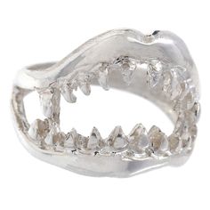 Start tab labels Overview Specs Documentation Start tab content Chomp down on this Sterling Silver shark jaw ring, an unbeatably fierce look. Sterling Silver Size 5.5 2.45mm Band Width This ring is made to order within 6-8 weeks. Requested modifications are subject to revised production timelines and pricing. Do you need a different size? We offer complimentary resizing. During checkout simply specify your desired size. We will resize the ring and ship within 7-10 business days. If you need addi Claw Silver Ring, Weird Rings Silver, Shark Ring, Jewelry Moodboard, Shark Jaw, Silver Shark, Shark Jaws, Fandom Drawing, Jewelry Lookbook