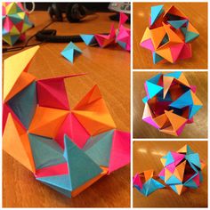 four different views of an origami ball on a table, including the top and bottom