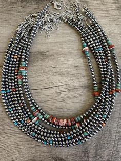 This is all authentic products The Navajo pearl are 4mm 14 Inch beads 3 inch Chain Western Style Silver Necklace With Round Beads, Navajo Pearls, Navajo Pearls Necklace Outfit, Navajo Pearl Stacks, Sterling Silver Navajo Pearls, Western Fashion Jewelry, Navajo Turquoise Jewelry