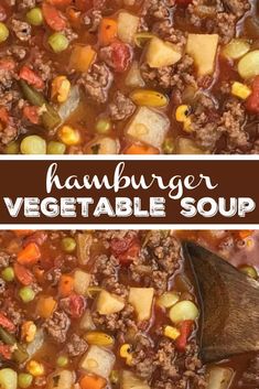 hamburger vegetable soup in a pot with a wooden spoon and title overlay that reads hamburger vegetable soup