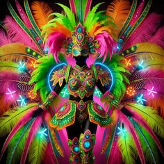 an elaborate mask with feathers and lights on it's face is featured in the image