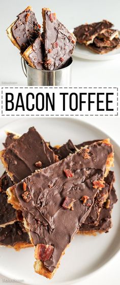 bacon toffes on a white plate with chocolate frosting