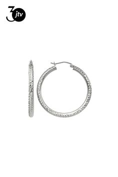 Rhodium over 14k White Gold Diamond-cut Round Hoop Earrings. Measures 35mm x 3mm and have saddleback backings. Diamond Cut, White Gold Diamonds, Gold Diamond, Diamond Cuts, Hoop Earrings, White Gold, Gold, White